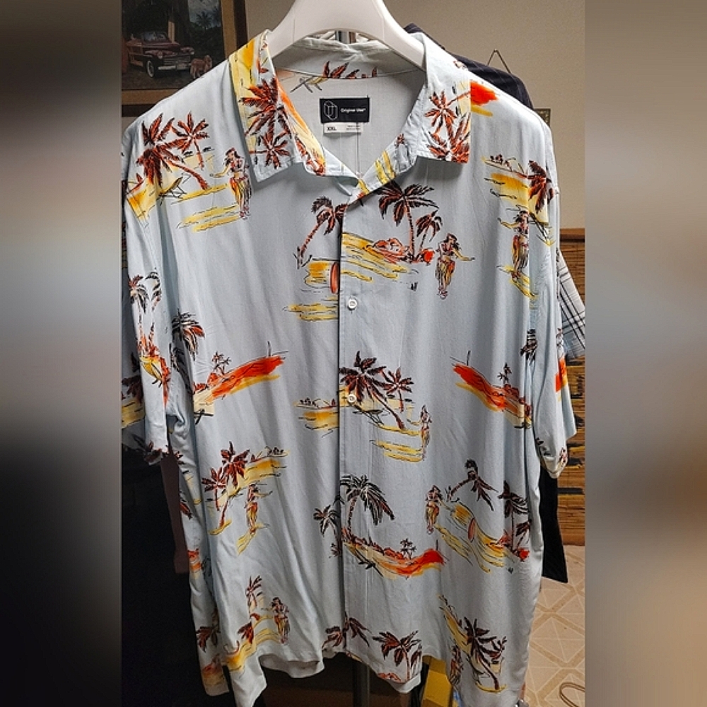ORIGINAL USE Hawaiian shirt blue palm island XXL NWT